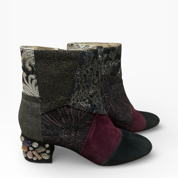 Bettye Muller Patchwork Ankle Boots Embellished Heel Size 7.5M